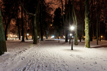 夜公园摄影照片_冬天有落雪的夜公园。