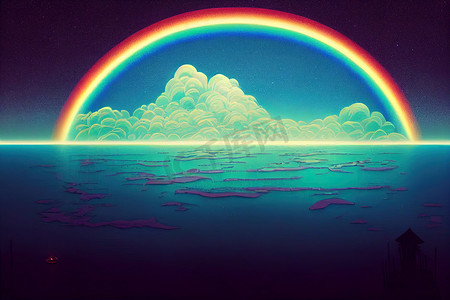 与抽象海岛的夜幻想风景，在彩虹