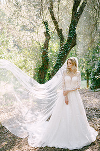 穿着白色连衣裙和飘动的面纱的新娘站在公园里的树林中