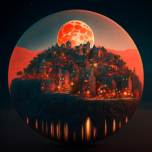 巨大红月背景下的奇幻小镇卡通形象