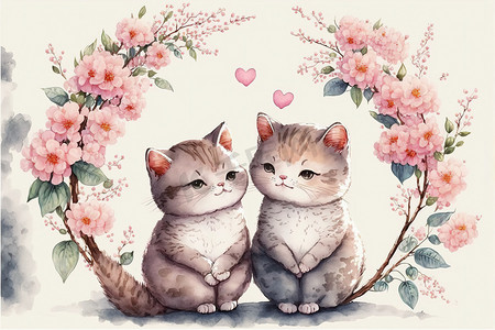 手绘卡通可爱的摄影照片_可爱的小猫恋爱浪漫情人节手绘卡通风格