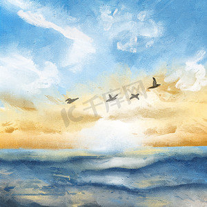 多肉手绘摄影照片_手绘插图的傍晚天空日落，海洋水面黄色蓝色，闪亮的微光反射，日出冷云，清澈的夏季旅行，油画纹理素描画。