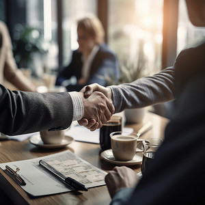 商务人士、握手和公司会议招聘 b2b、办公室交易或协议。