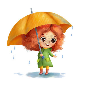带着雨伞的滑稽卡通小女孩站在雨中的水坑里，微笑着。