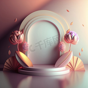 产品展示摄影照片_豪华讲台 3D 插图，具有优雅的粉红色和抽象的花环装饰，用于产品展示