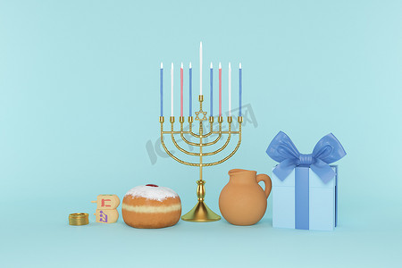 福袋gif摄影照片_3d 渲染犹太节日光明节的图像，带有烛台或传统烛台、gif 盒、罐子、金币和木制陀螺或蓝色背景上的陀螺。