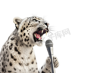 雪豹摄影照片_一只雪豹对着麦克风唱歌。