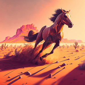 马跑过沙漠，踢起沙子