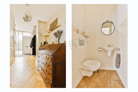 浴室和走廊的两张照片