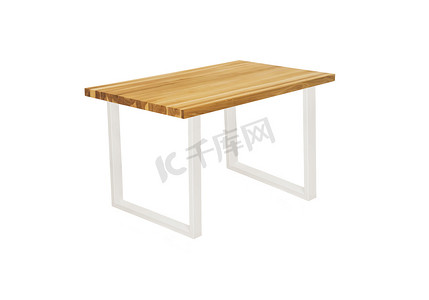 白色背景上带白色金属腿的木桌 45 度