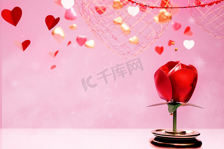 情人节快乐假期横幅你好背景与玫瑰和心形情人节的 3D 元素。 
