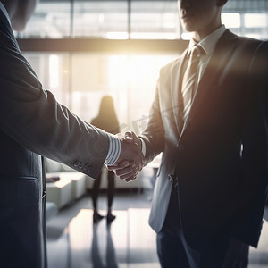 企业 b2b 中的商人、握手和伙伴关系、办公室会议或交易协议。