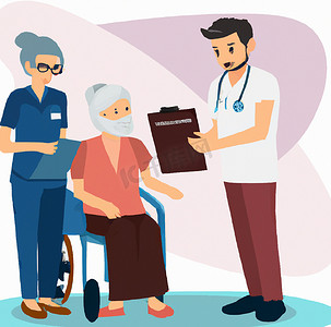 轮椅长期护理老年助手，医疗概念设计与护士和病人 ilustration 在时尚的扁平风格隔离在白色背景，长期护理中的男性和女性依偎在轮椅上的老年妇女