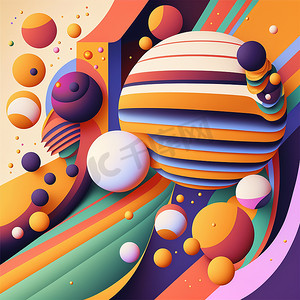具有球体、条纹和线条的卡通风格的抽象未来派当代现代宇宙设计。