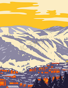 冬天海报摄影照片_帕克城与瓦萨奇山脉的一部分，犹他州落基山脉的瓦萨奇山脉 WPA 海报艺术