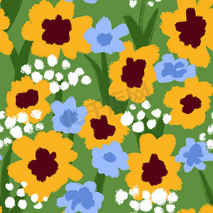手绘绿色植物背景摄影照片_手绘无缝图案与野花野花，绿色背景上的白色蓝色黄色草药。