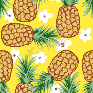 手绘无缝图案的水果菠萝热带丛林，夏季可爱的角色。
