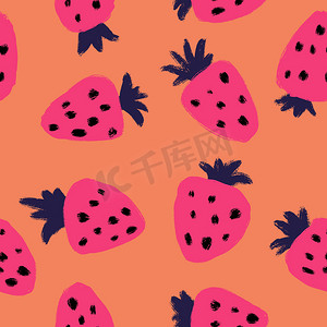 手绘橙色背景上粉色草莓浆果的无缝图案。