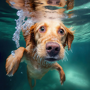 金色拉布拉多猎犬小狗在游泳池里嬉戏的水下搞笑照片 — 跳跃、潜入深处。
