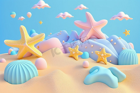 3D 海滩场景背景与海星和贝壳。