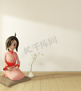 穿着和服卡通摄影照片_在日式房间内穿着和服的卡通女孩。 