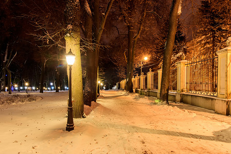 夜公园摄影照片_冬天有落雪的夜公园。