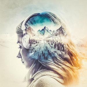 稳重的女人戴着耳机与双曝光冬季山。