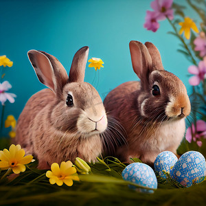在绿草的兔子和复活节彩蛋与蓝天。