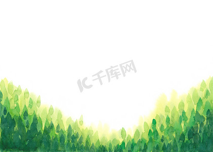 抽象水彩手绘绿叶，白色孤立背景上的森林框架。