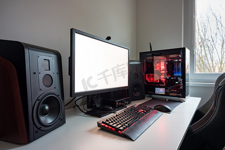 带有白色屏幕、键盘、鼠标、桌面、组件、硬件、游戏椅的定制游戏电脑。