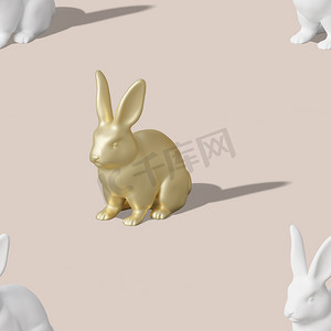 无缝等距图案与米色背景上的金色和白色复活节兔子。