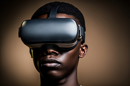 非洲男子戴着虚拟现实护目镜站立工作室干净的背景