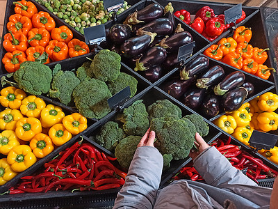 顶视图的顾客选择西兰花，而在超市购买杂货时，站在柜台前放有机蔬菜