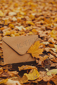 飘落摄影照片_空土色调的信封模拟了五颜六色的秋叶飘落。