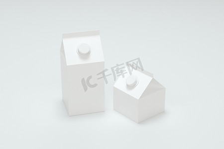 空白牛奶盒，白色背景，3d 渲染。
