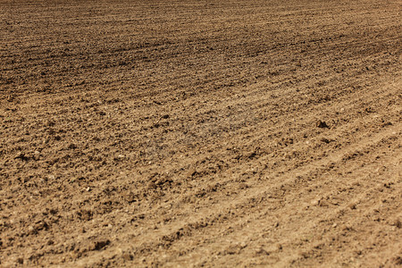 刚犁过的田地，犁地的线条在地面上清晰可见。