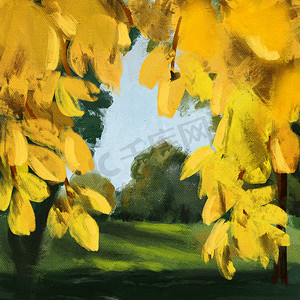 公园花园森林木材中秋天黄色树叶的手绘油画插图。