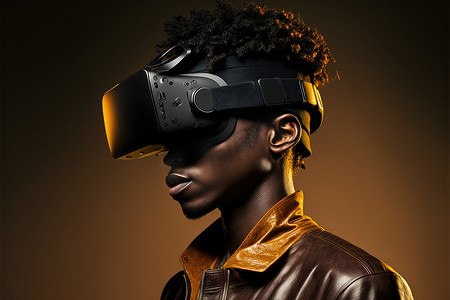 非洲男子戴着虚拟现实护目镜站立工作室干净的背景