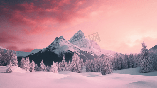 粉色天空下白雪覆盖的群山