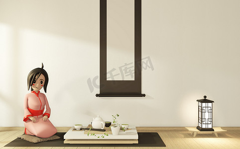 卡通日本摄影照片_在日式房间内穿着和服的卡通女孩。 