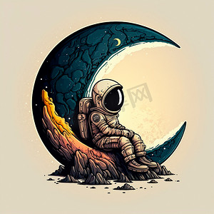 卡通漂浮摄影照片_坐在月球上的宇航员的卡通形象