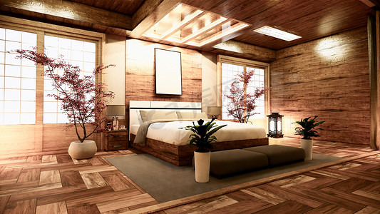 日本酒店摄影照片_卧室日本室内设计。3D 渲染