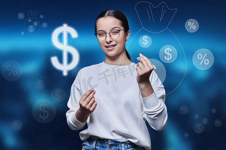 十几岁的女孩做金钱手势，摩擦手指，背景有金钱符号