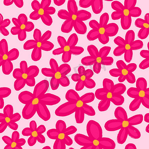 手绘粉色花卉摄影照片_手绘无缝图案与粉红色背景上的热超粉红色雏菊花。