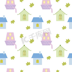 矢量房屋摄影照片_房屋和枫叶的无缝背景在白色背景上。