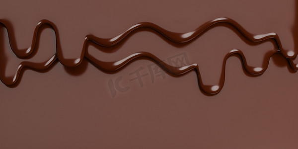 融化的牛奶棕色巧克力在棕色横幅背景上流下，带有复制空间。3d 模型和插图。