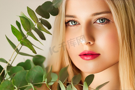 美丽的女人和绿叶树枝、金发、红色唇膏化妆脸肖像、自然美和化妆品