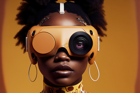 ar虚拟现实摄影照片_非洲女性戴着虚拟现实护目镜站立工作室干净的背景