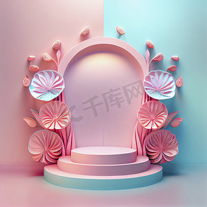 带花卉装饰的产品展台的 3d 插图