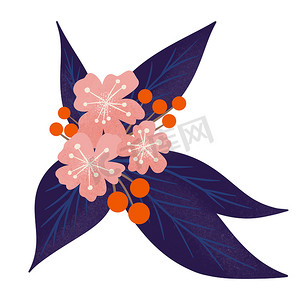手绘樱花背景摄影照片_粉红色花朵的手绘插图深蓝色叶子橙色浆果。